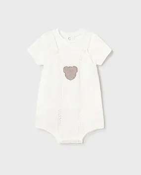 Completo avorio composto da t-shirt e salopette in maglia di cotone con orsetto jacquard 2-6 mesi